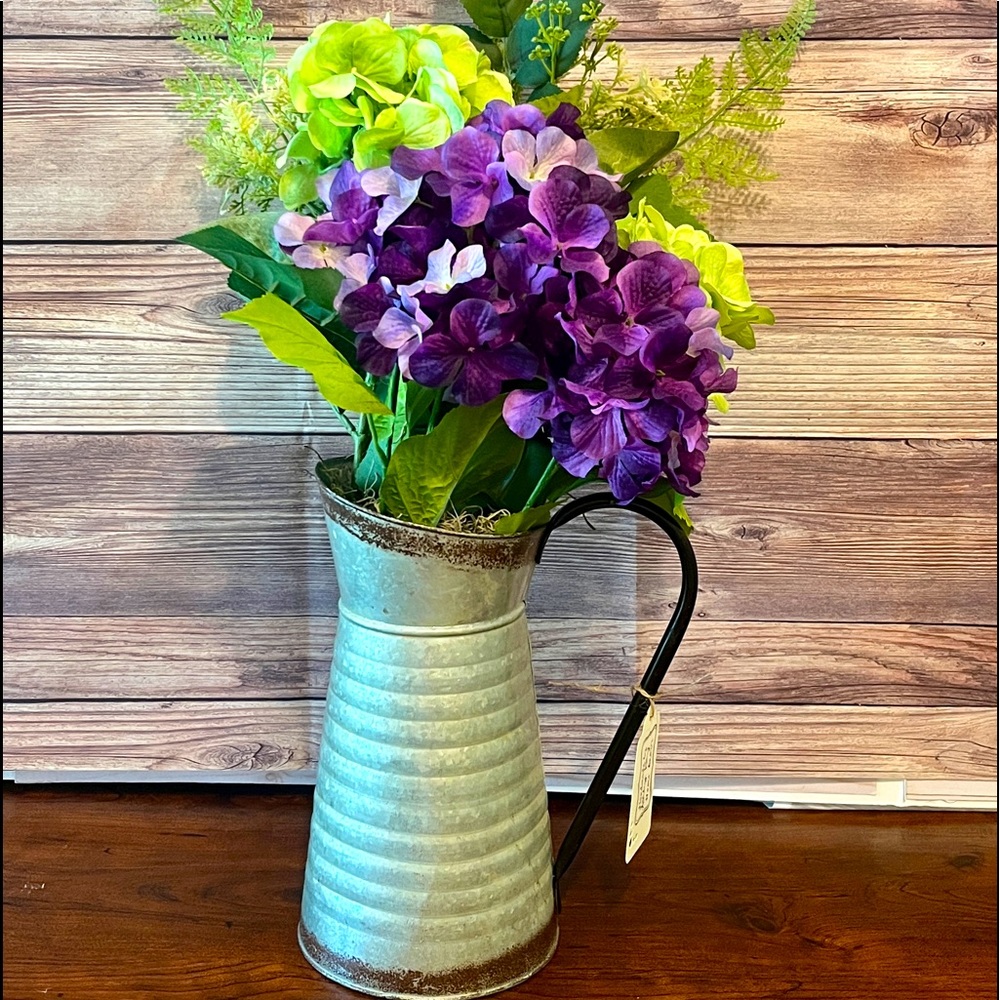NEW!! Purple and Green Hydrangeas in Galvanized Pitcher
